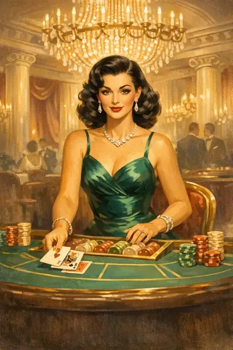 Caribbean Baccarat — dealer in emerald gown at the table