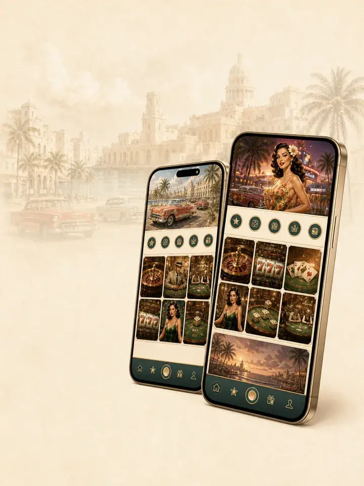 Havana Royale mobile casino open on a phone beside a daiquiri