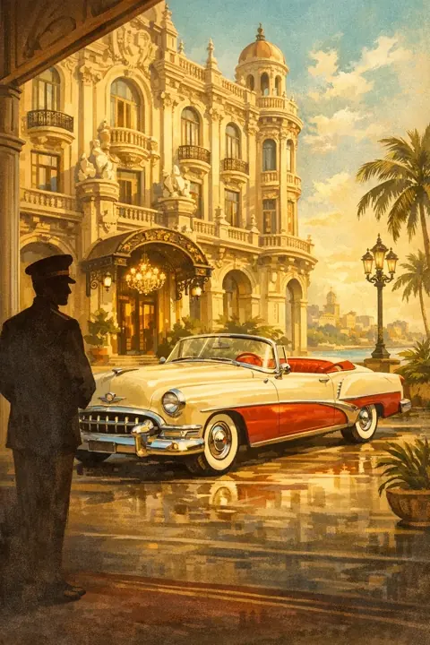 Golden Convertible slot — classic car at a grand hotel