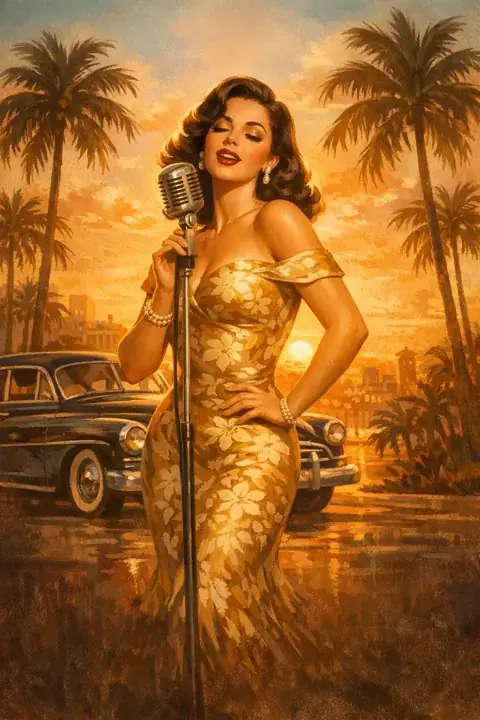 Havana Sunrise slot — singer at sunset with vintage car