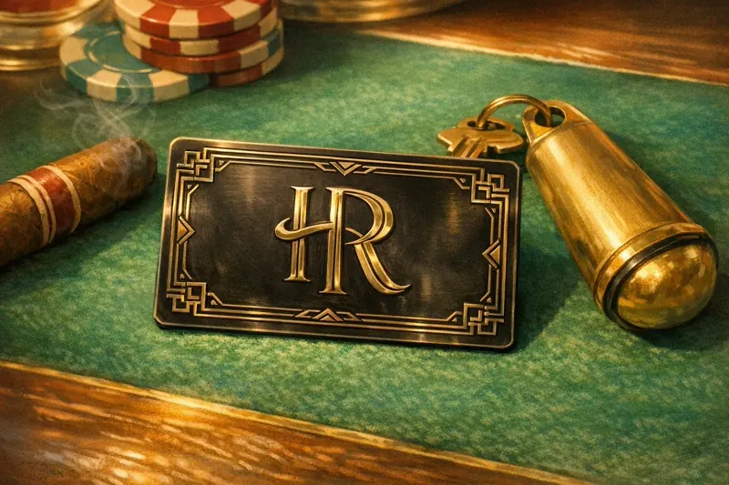 Engraved metal membership card of The Havana Society on casino felt